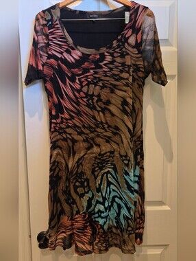Karen Kane Black Fine Mesh Print Mini Dress With Turquoise, Coral, Tan